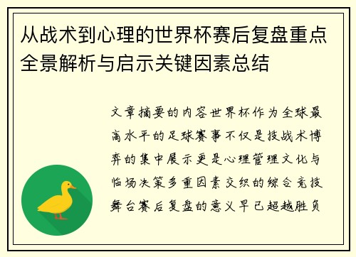 从战术到心理的世界杯赛后复盘重点全景解析与启示关键因素总结 从战术到心理的世界杯赛后复盘重点全景解析与启示关键因素总结
