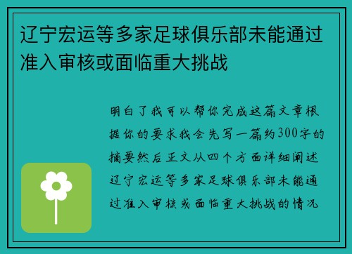 辽宁宏运等多家足球俱乐部未能通过准入审核或面临重大挑战 辽宁宏运等多家足球俱乐部未能通过准入审核或面临重大挑战